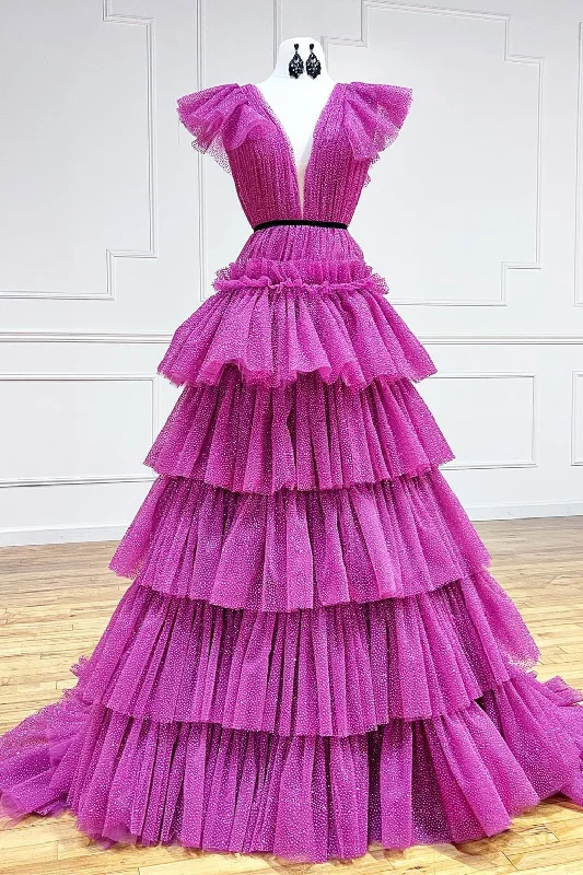 Fuchsia Flutter Sleeves Layers Dot A-line Long Prom Dress