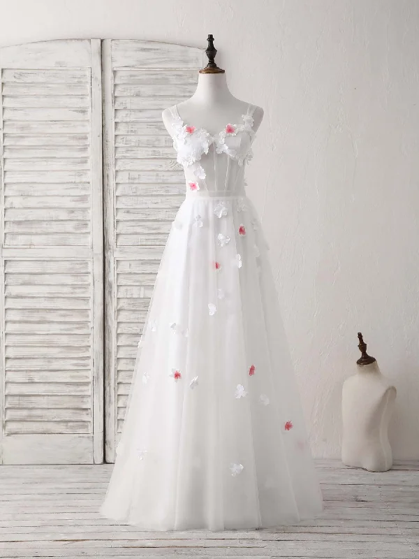 Unique White Sweetheart Tulle Long Prom Dress White Evening Dress