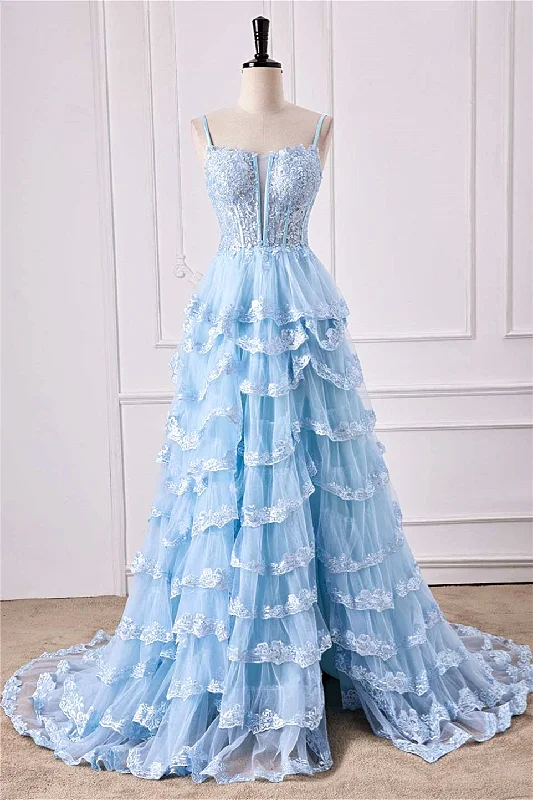 Light Blue Floral Layers Spaghetti Straps Long Prom Dress with Slit