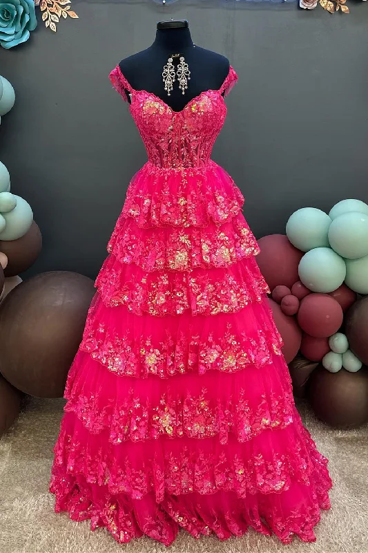 Fuchsia Sequined Off-Shoulder A-line Layers Long Prom Dress