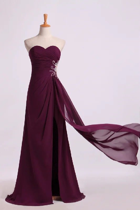 Prom Dresses A Line Ruffled Bodice Beaded With Slit Floor Length