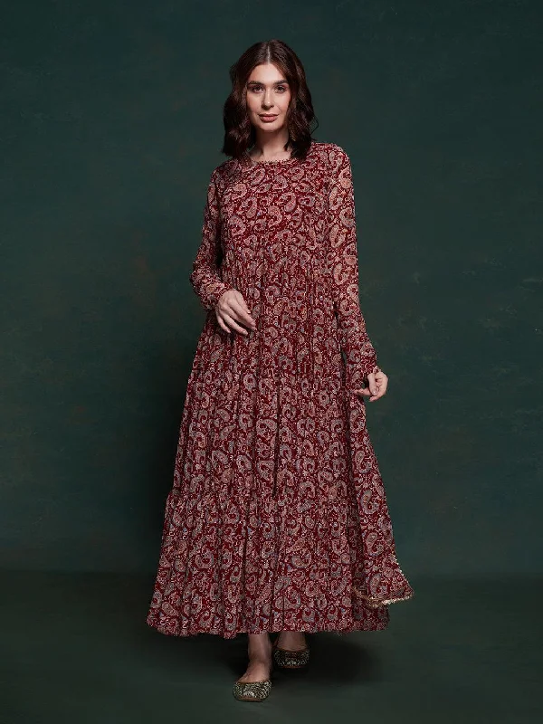 Maroon Georgette Gown Dress with Printed Design