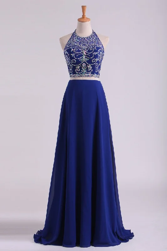 Bateau Two Pieces Prom Dresses Dark Royal Blue A Line Beaded Bodice Open Back Floor Length Chiffon & Tulle