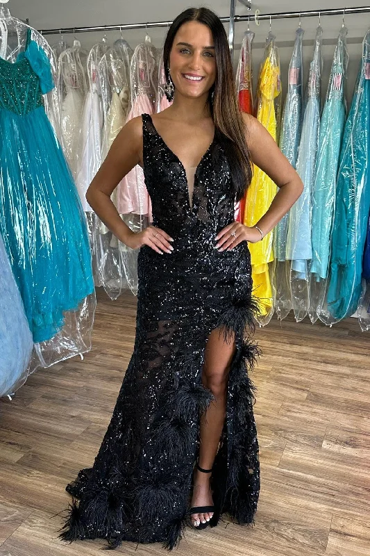 Black Sequin Appliques Plunge V Mermaid Long Formal Dress