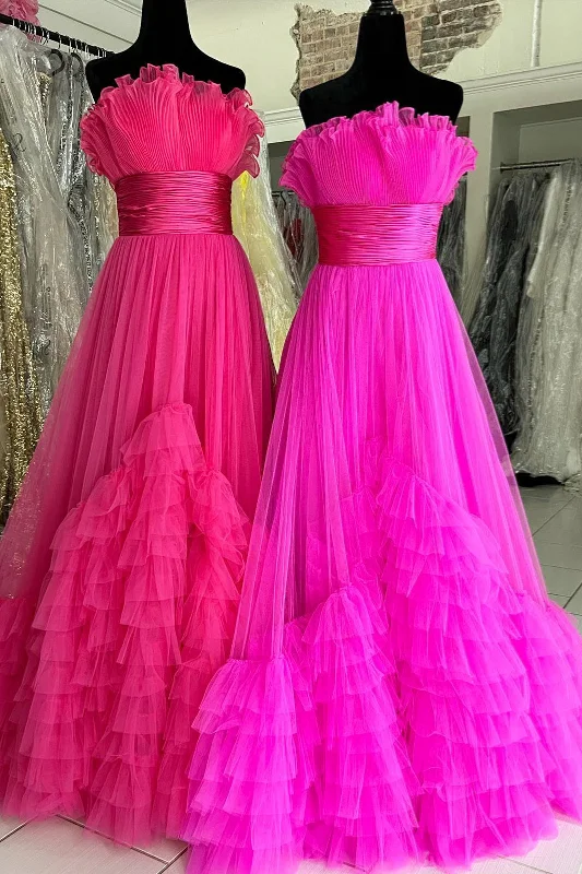 Hot Pink Ruffled Strapless Layers Long Prom Dress