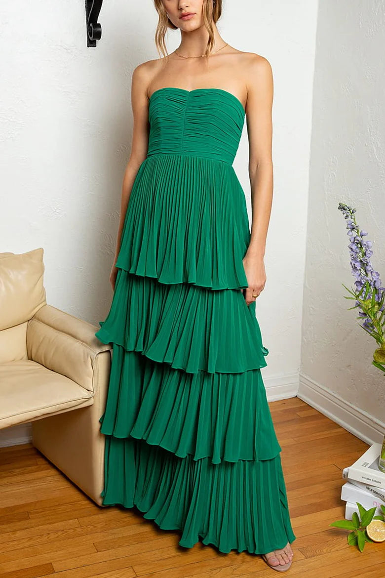 Hunter Green Strapless A-line Layers Long Prom Dress