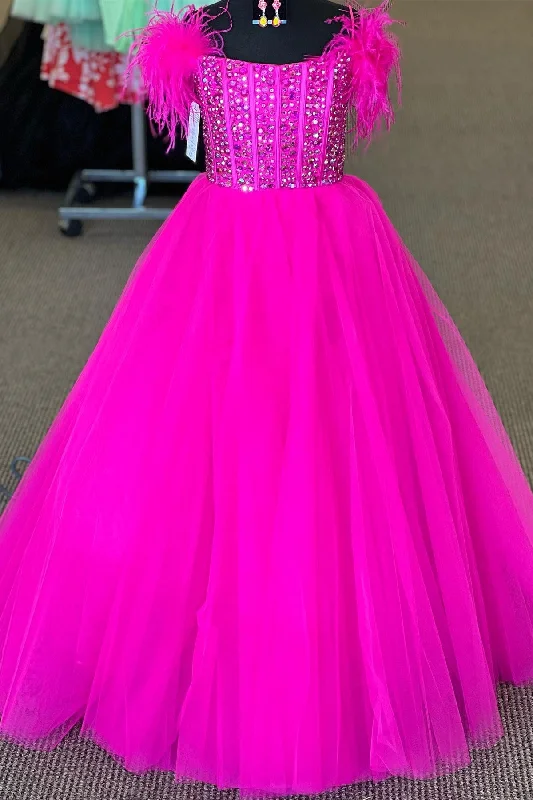 Magenta Beaded Cold-Shoulder Long Girl Pageant Dress