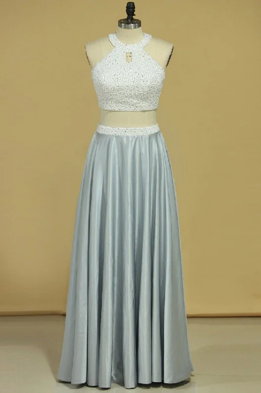 Plus Size Open Back Two Pieces Halter Satin Prom Dresses With Beads