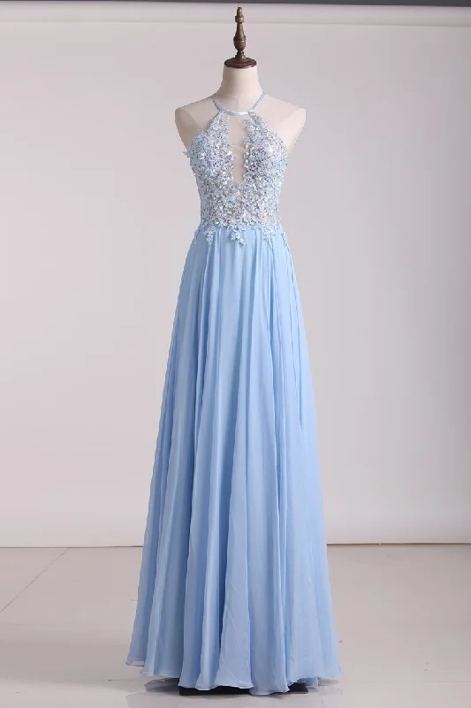Prom Dresses A Line Chiffon With Applique And Beads Floor Length