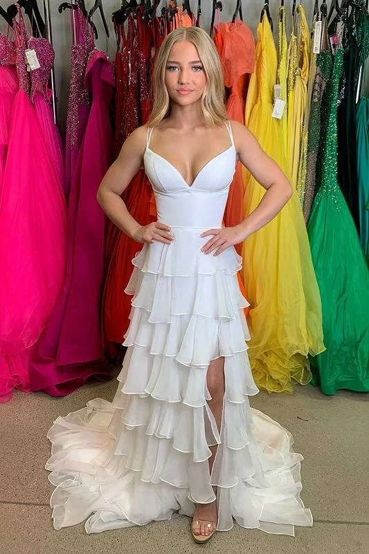 Tiered Chiffon A-Line V-Neck Formal Prom Dress With Slit