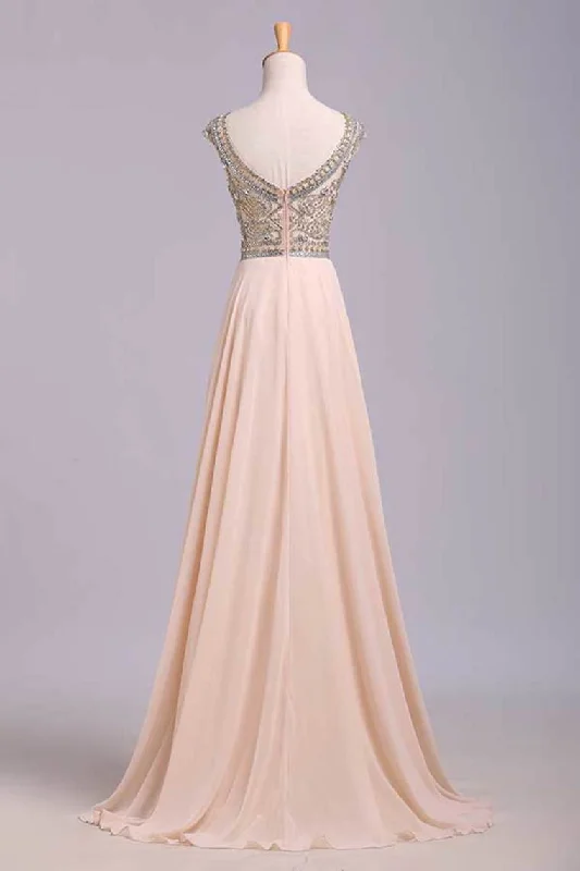 Prom Dress Scoop A Line Floor Length Beaded Tulle Bodice With Chiffon Skirt
