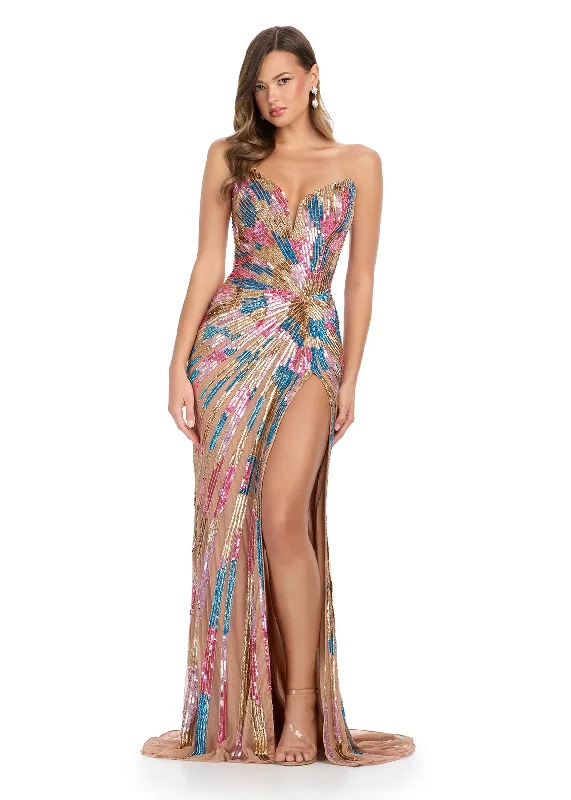 Ashley Lauren 11822 Strapless Prom Dress Evening Gown Multi Sequin Pattern Slit Train Ashley Lauren 11822 Strapless Prom Dress Evening Gown Multi Sequin Pattern Slit Train