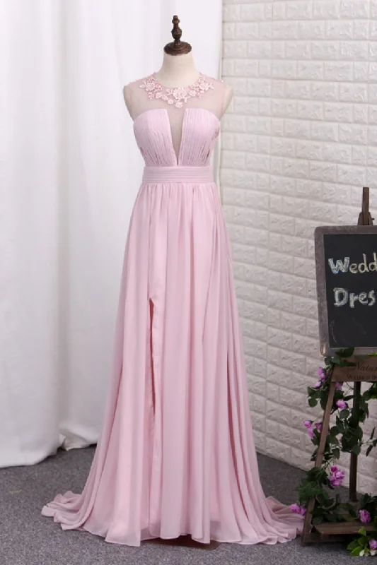 Prom Dresses A Line Scoop Chiffon With Ruffles And Applique