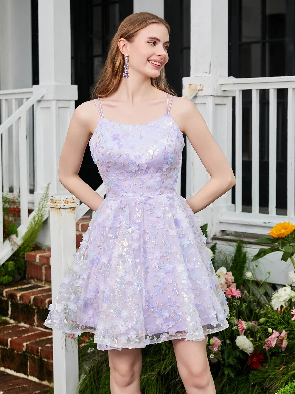 Floral Spaghetti Straps Lace A-line Mini HOCO Dress Lilac