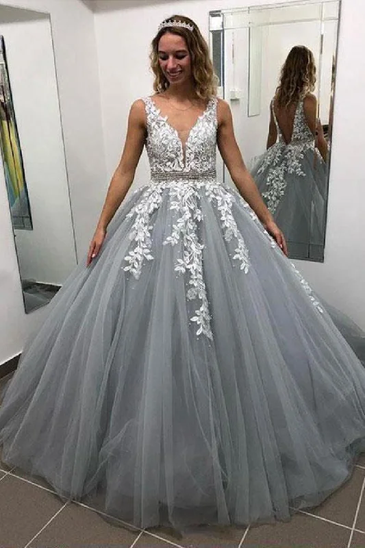 Prom Dress Tulle A-Line V-Neck Sweep Train With Appliques