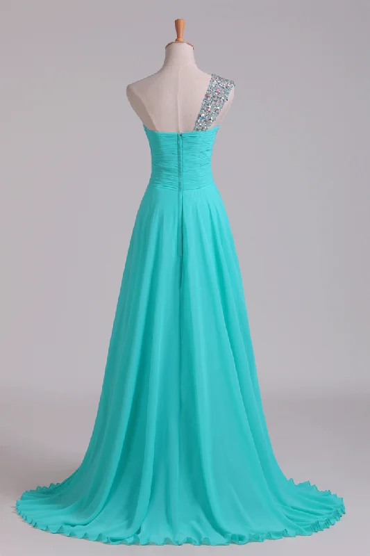 Prom Dress One Shoulder Ruffled Bodice With Rhinestone Beaded Strap