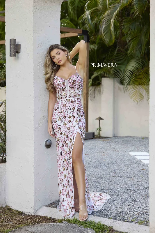 Primavera Couture 4336 Sheer Beaded Sequin Prom Dress Corset V Neck Formal Evening Gown
