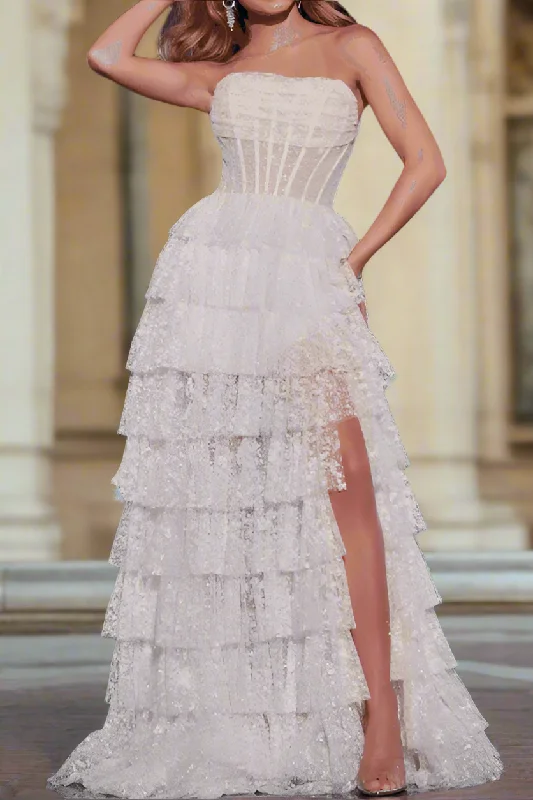 Strapless Empire Tiered Sheer Party Prom Dress With Slit