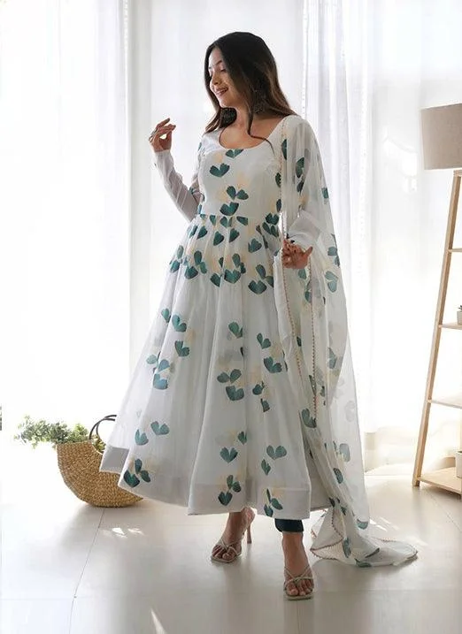 Printed Organza Anarkali Dress in Elegant White for Raksha Bandhan