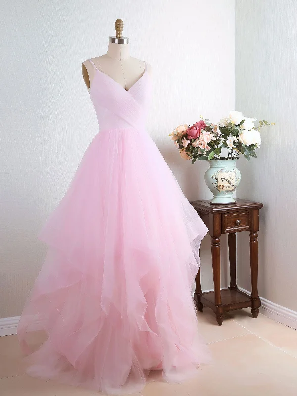 Pink Tulle Long Prom Dress, Pink Tulle Formal Graduation Dress