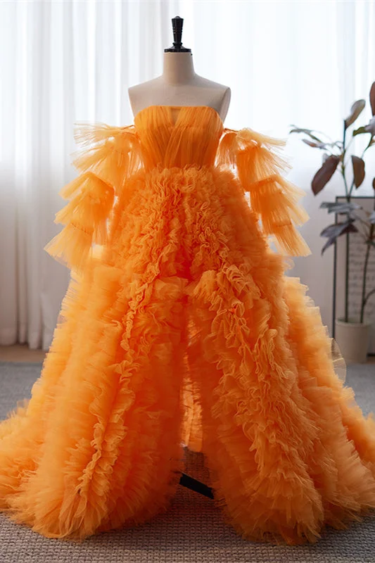 Orange Off-the-Shoulder Long Sleeves Ruffles Maxi Formal Dress with Slit