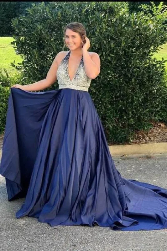 Prom Dress Halter Satin With Beads&Sequins Open Back Court Train