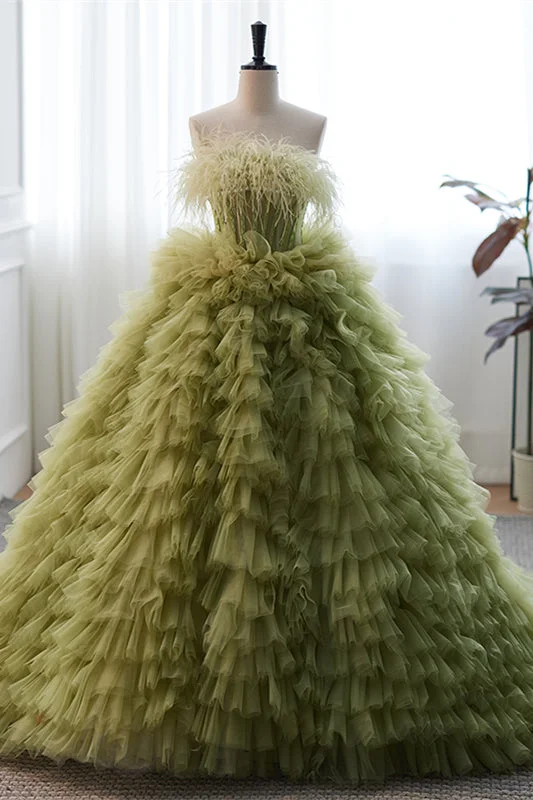 Green Strapless Boning Ruffle-Layers Formal Dress with Feathers