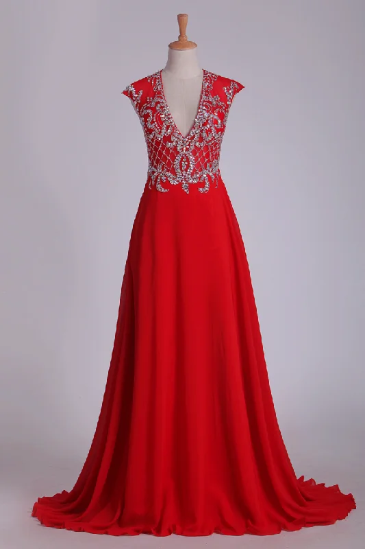 Prom Dress V Neck Open Back Chiffon With Beading Sweep Train