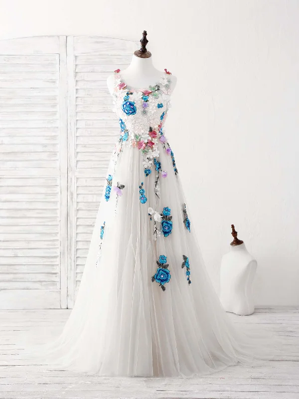 Tulle Lace Applique Long Prom Dress, Ivory Evening Dress