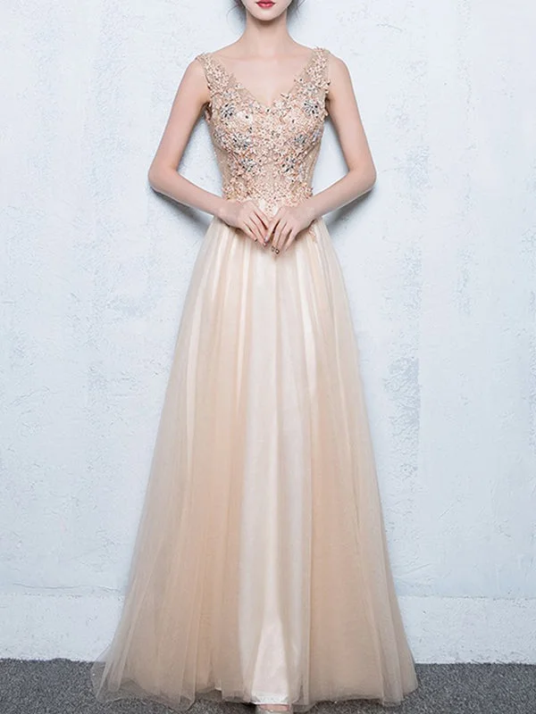 Long A-line Sleeveless V-neck Pretty Lace Appliques Beading Sequins Prom Dresses,PD00007 Long A-line Sleeveless V-neck Pretty Lace Appliques Beading Sequins Prom Dresses,PD00007