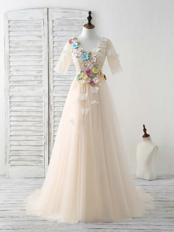 Unique Champagne Lace Applique Tulle Long Prom Dress, Evening Dress