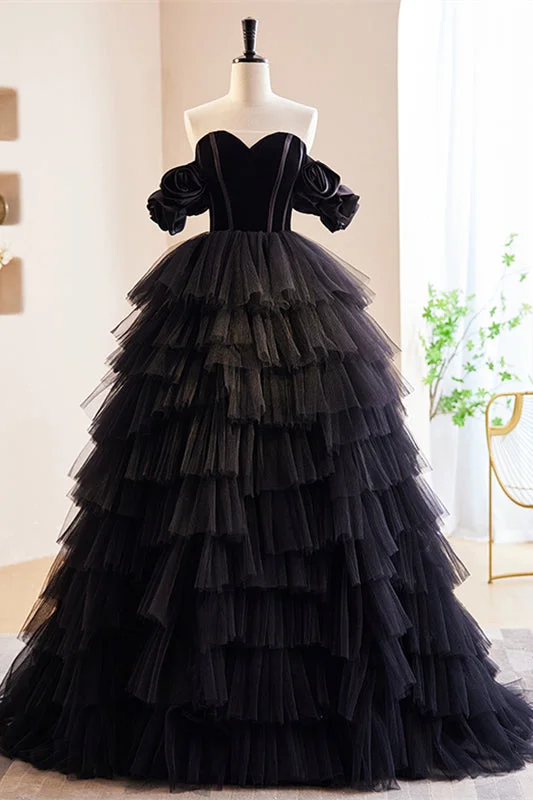 Black Flower Off-the-Shoulder Sweetheart Multi-Layers Maxi Formal Dress
