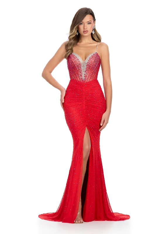 Ashley Lauren 11855 Crystal V Neckline Prom Dress Center Slit Corset Ruching Train