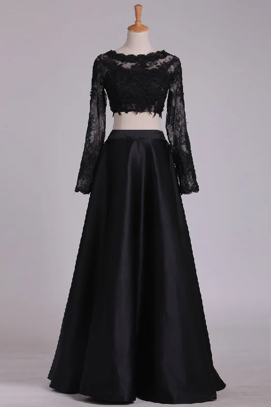 Bateau Long Sleeves Two-Piece Floor Length Prom Dresses Satin
