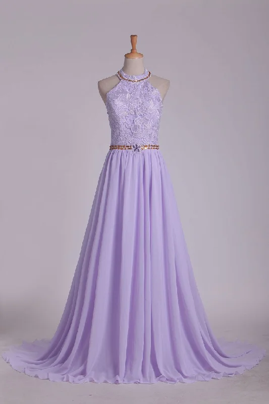 Prom Dresses A Line Halter Chiffon & Lace With Beading Sweep Train Open Back