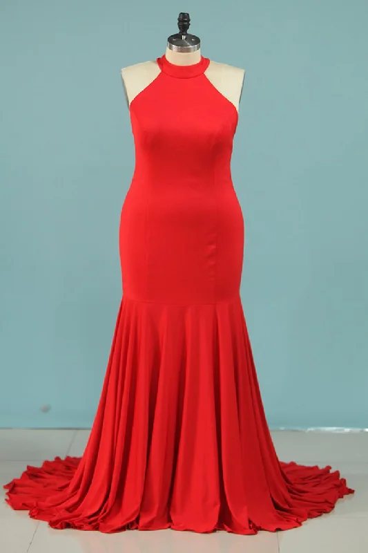 Plus Size Evening Dresses Mermaid High Neck Spandex Sweep Train