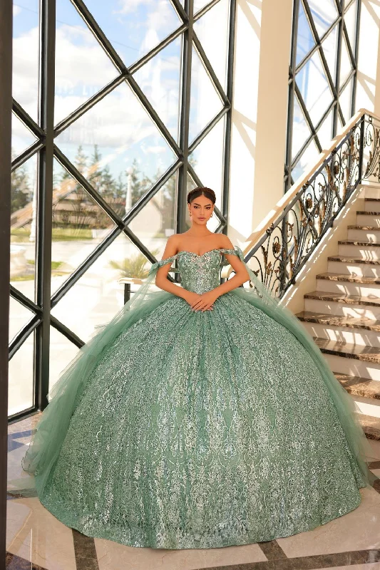 Amarra 54212 Long Ball Gown Glitter Cape Quinceanera Dress
