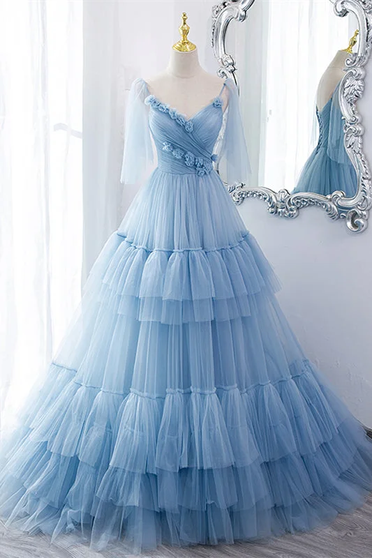 Light Blue V Neck Flaunt Sleeves Flowers Multi-Layers Maxi Formal Dress