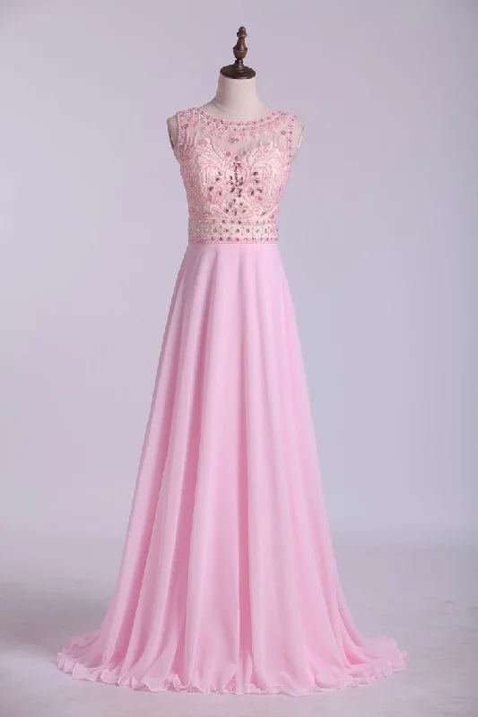 Beaded Bodice Bateau Prom Dresses Chiffon Floor Length
