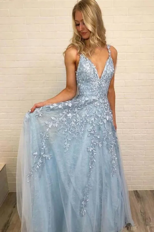 Prom Dress Tulle A-Line V-Neck Floor Length With Appliques