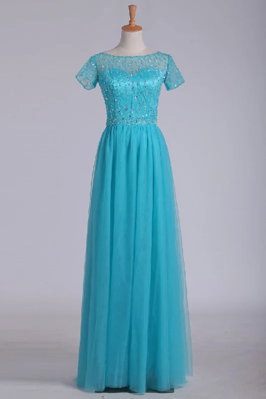 Prom Dress Bateau Short Sleeves A Line With Beading Tulle