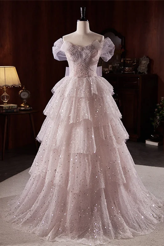 Pink Purple Off-the-Shoulder Beaded Multi-Layers Maxi Formal Dress