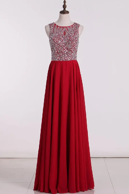 Prom Dresses A Line Open Back Scoop Beaded Bodice Chiffon