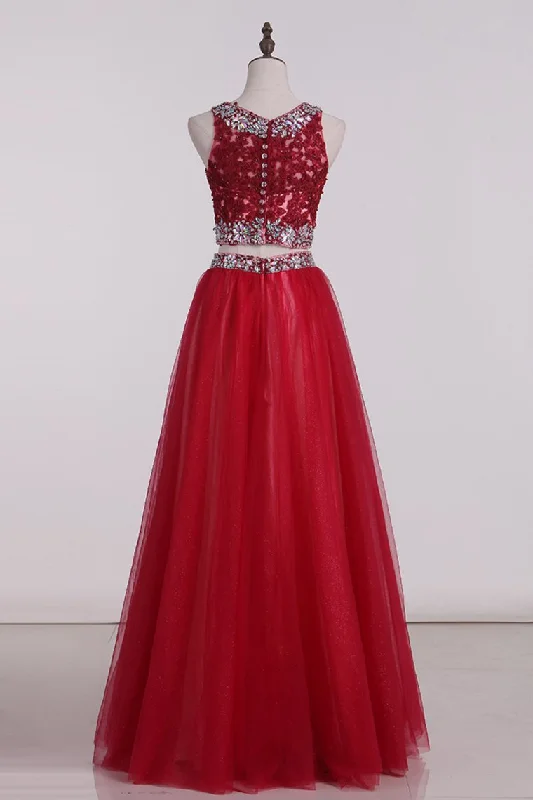 Prom Dress A Line Scoop Floor-Length Two-Piece Tulle Zipper Back