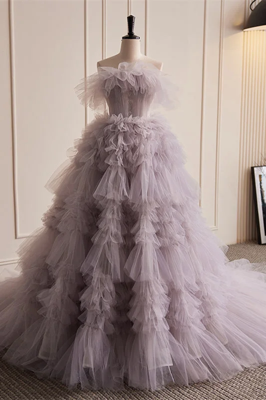 Light Purple Strapless Pleated Ruffle-Layers Maxi Formal Dress