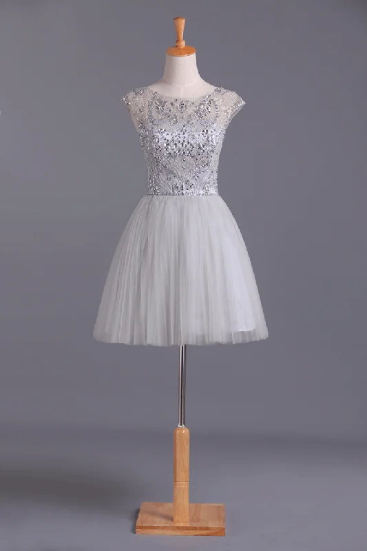 Bateau A Line Short Beaded Bodice Homecoming Dresses Tulle