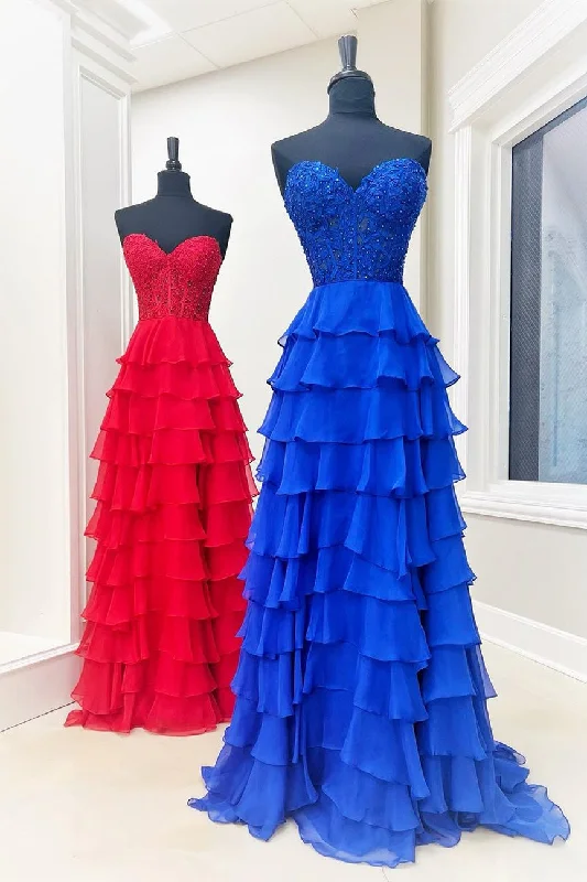 Royal Blue Appliques Strapless A-line Layers Long Prom Dress