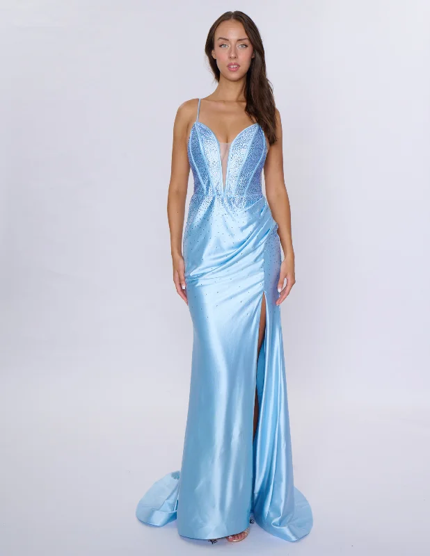 Nina Canacci 6687 Size 4,10 Blue Long Fitted Crystal Corset Prom Dress Formal Evening Gown Slit V Neck