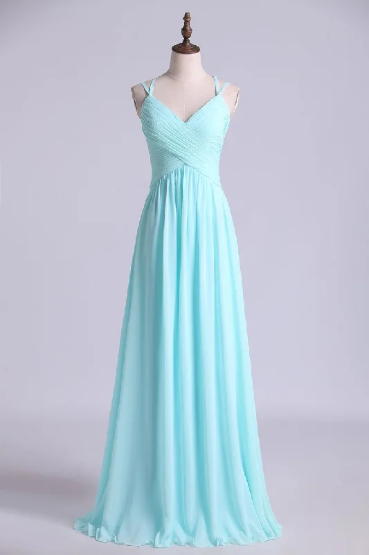 Prom Dress Spaghetti Straps Chiffon A Line Ruffled Bodice With Criss Crossed Back