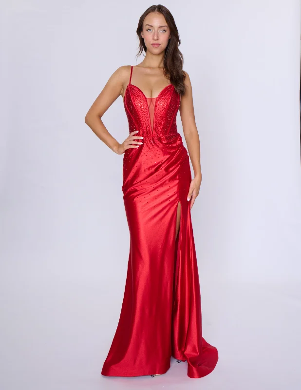 Nina Canacci 6687 Size 2,4,6,8 Red Long Fitted Crystal Corset Prom Dress Formal Evening Gown Slit V Neck